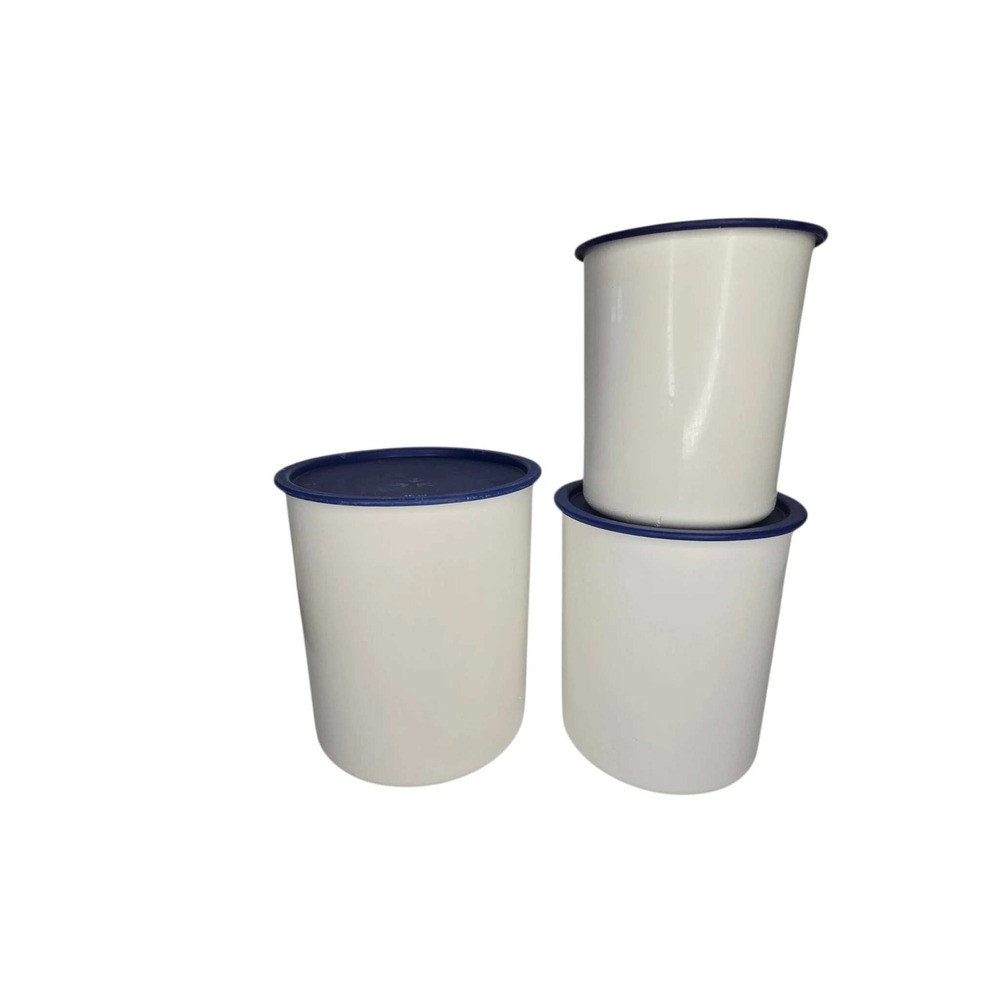 Vintage Tupperware One Touch Canister Set White Blue Lids Set of 3 - Picture 2 of 6